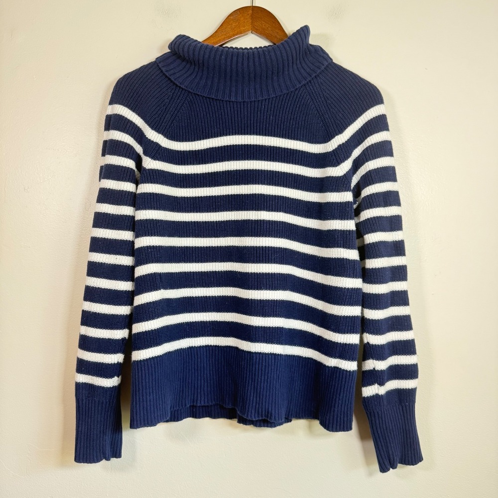Lands End Drifter Shaker Knit Striped Mock Neck Sweater Size M Navy Blue